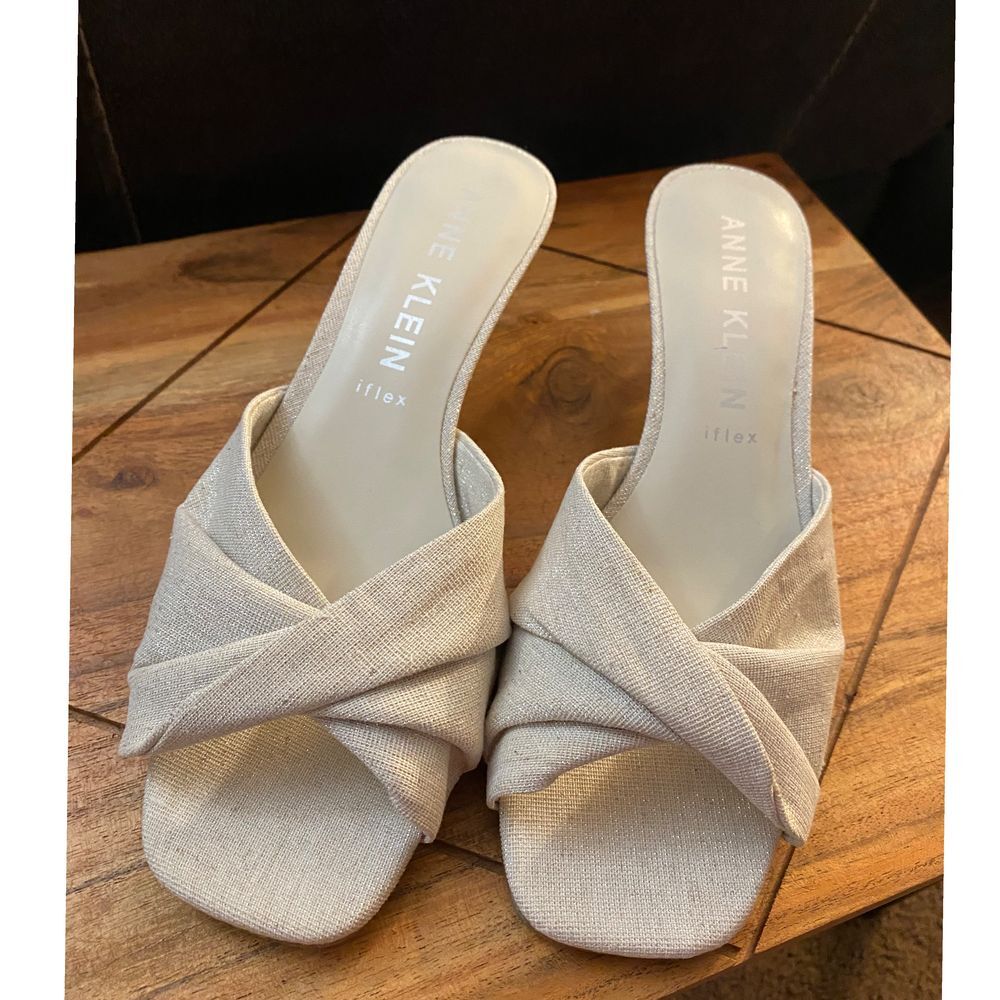 Anne Klein Beige Twisted Strap Mules